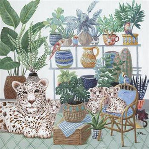 Leopard cubs plants canvas painting