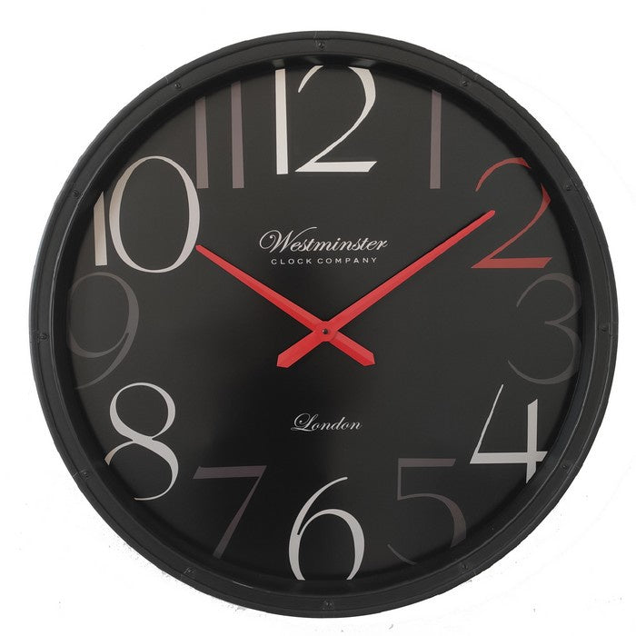 Black round clock with red letters
